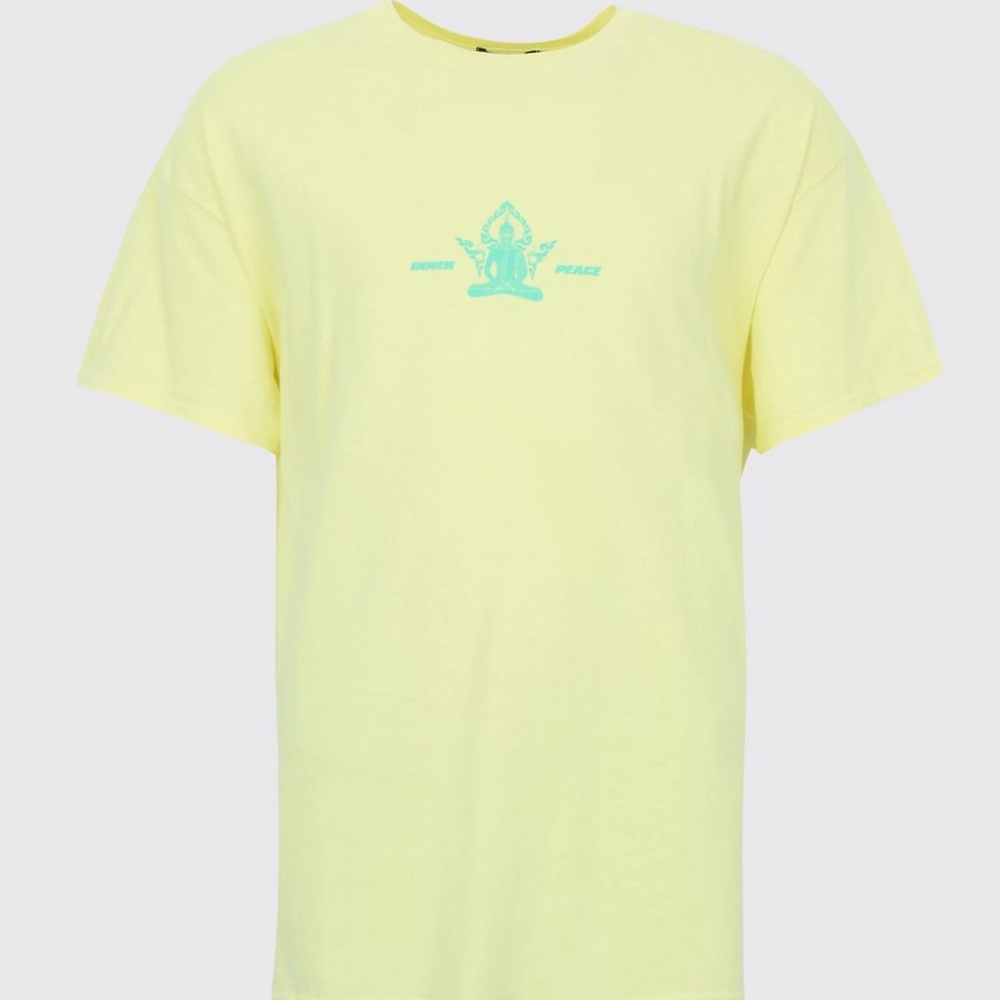 NEW Mens Boohooman Graphic Print Meditation Peace Tee T-Shirt Yellow Size Medium